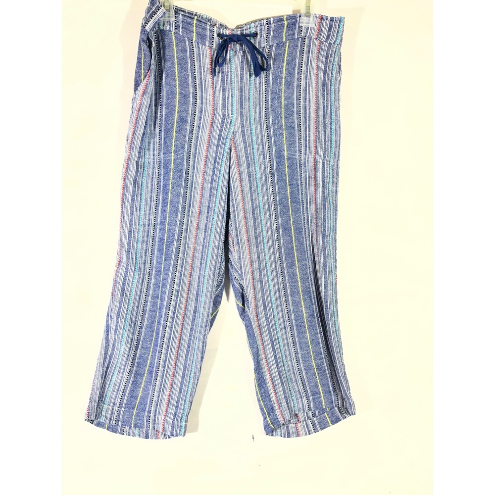 Dash Striped Linen Blend Crop Drawstring Pants Women M Blue Costal Boho
Comfy